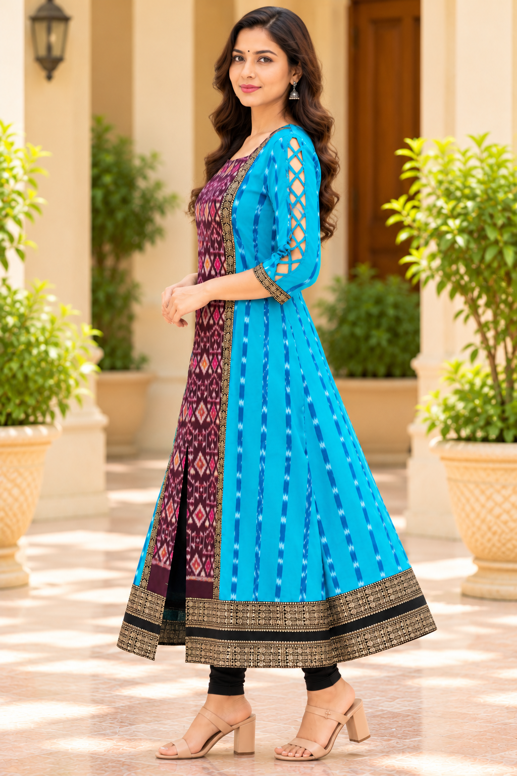 Women’s Turquoise Blue & Maroon Sambalpuri Ikat-Inspired Flared Anarkali with Black-Gold Traditional Border