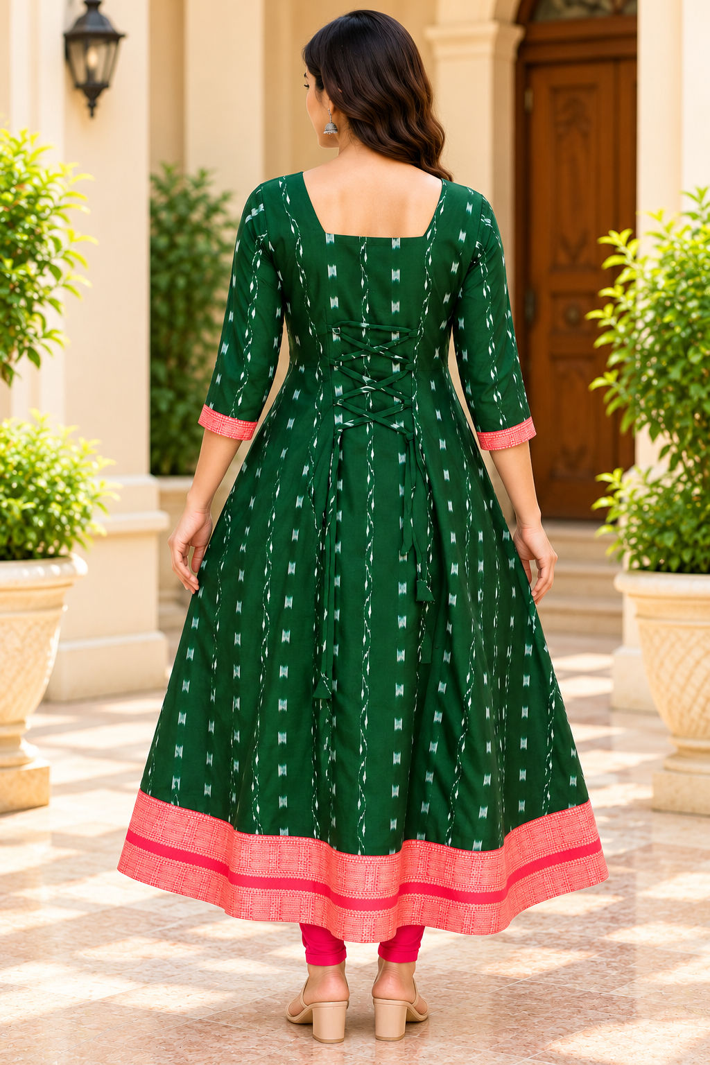 Women’s Emerald Green &amp; Peach Pink Sambalpuri Ikat-Inspired Flared Anarkali with Coral Pink Border