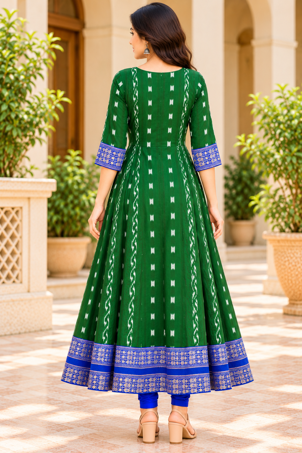 Women’s Emerald Green Sambalpuri-Inspired Ikat Anarkali Kurti with Royal Blue Border