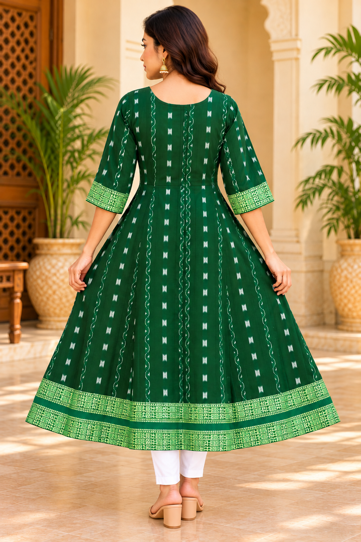 Women’s Forest Green Sambalpuri Ikat Anarkali Kurti with Pink Centre Panel
