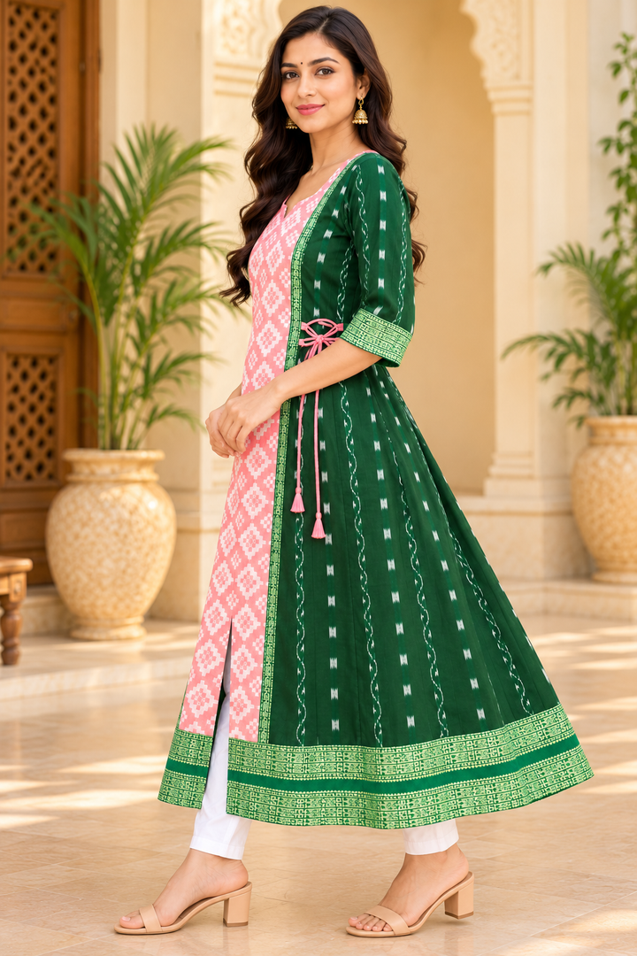 Women’s Forest Green Sambalpuri Ikat Anarkali Kurti with Pink Centre Panel