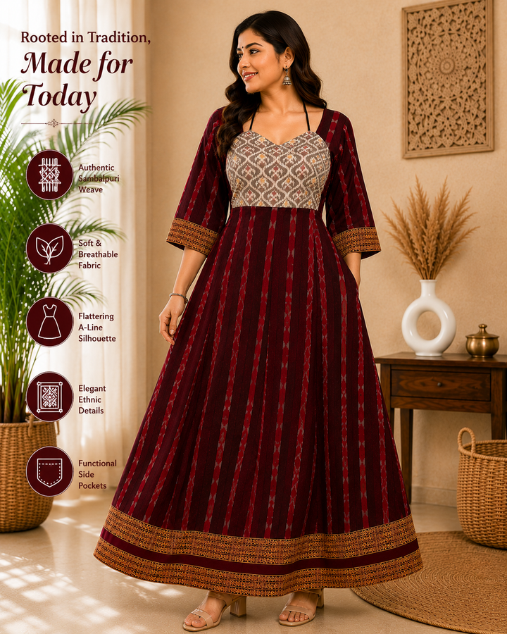 Sambalpuri Designer Flared Maroon Gown Sweetheart Neck with Black Tie Strap