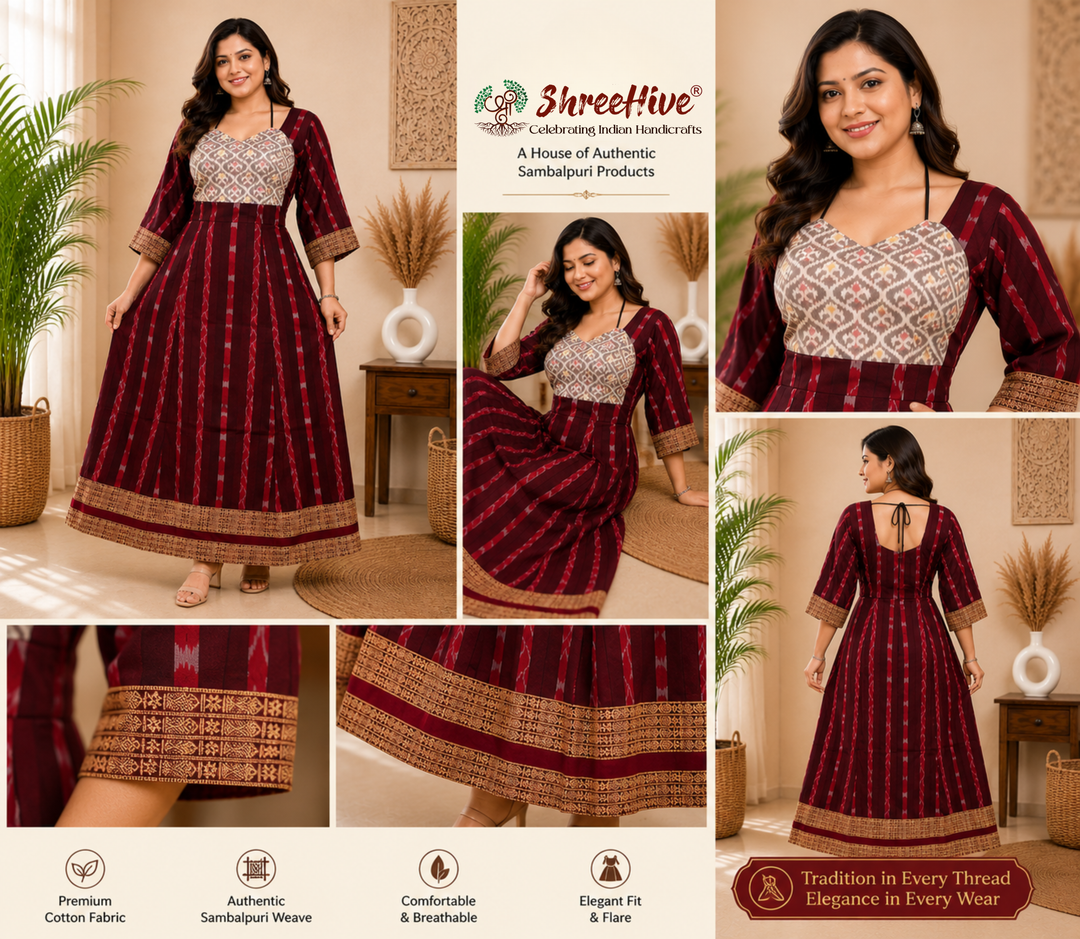 Sambalpuri Designer Flared Maroon Gown Sweetheart Neck with Black Tie Strap