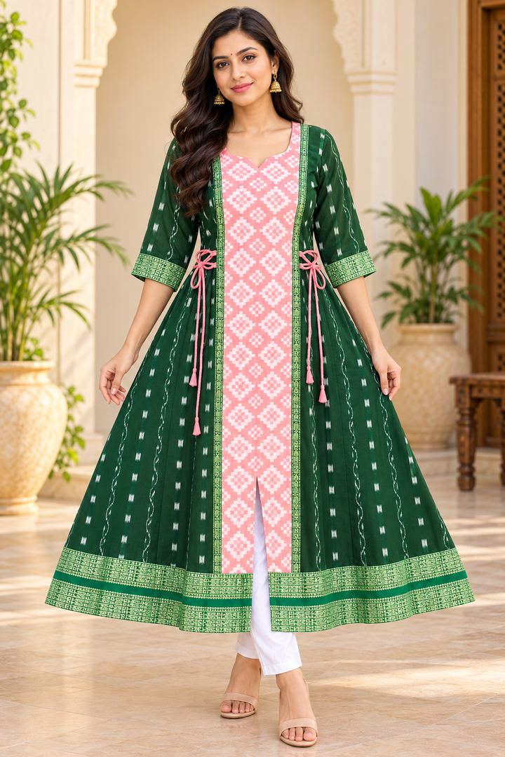 Women’s Forest Green Sambalpuri Ikat Anarkali Kurti with Pink Centre Panel