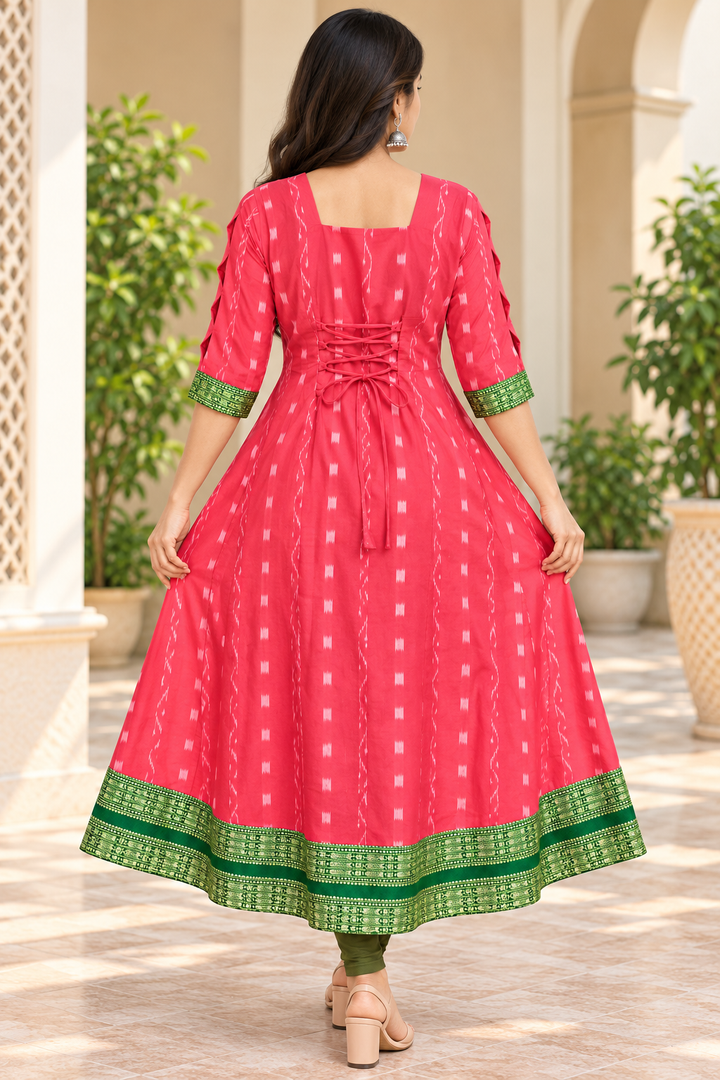 Women’s Coral Pink &amp; Olive Green Sambalpuri-Inspired Designer Anarkali Kurti