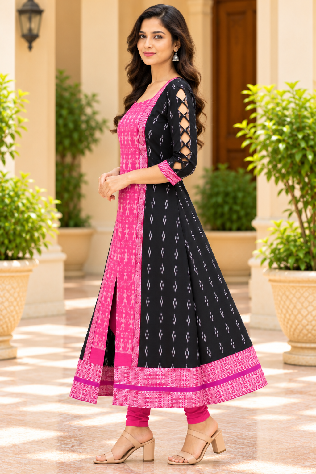 Women’s Black &amp; Fuchsia Pink Sambalpuri-Inspired Designer Anarkali
