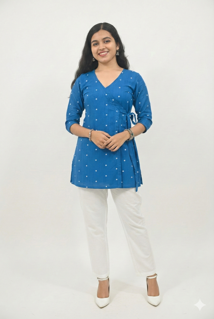 Wovio Modern Ikat Wrap Top - Sky Blue Base with White Dot Motifs & Side-Tie Design