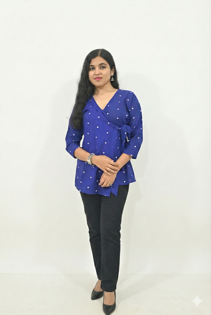 Wovio Modern Ikat Wrap Top - Navy Blue Base with White Dot Motifs & Side-Tie Design