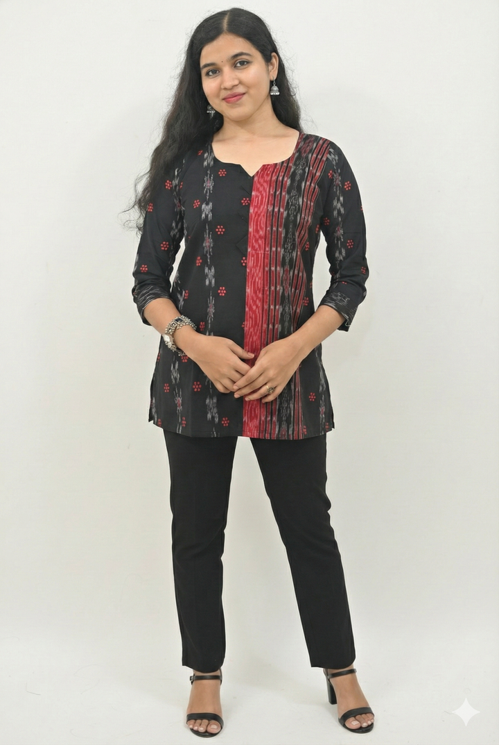 Wovio Modern Ikat Fusion Top V Neck – Black Base with Mini Dot Motifs & Red–Black