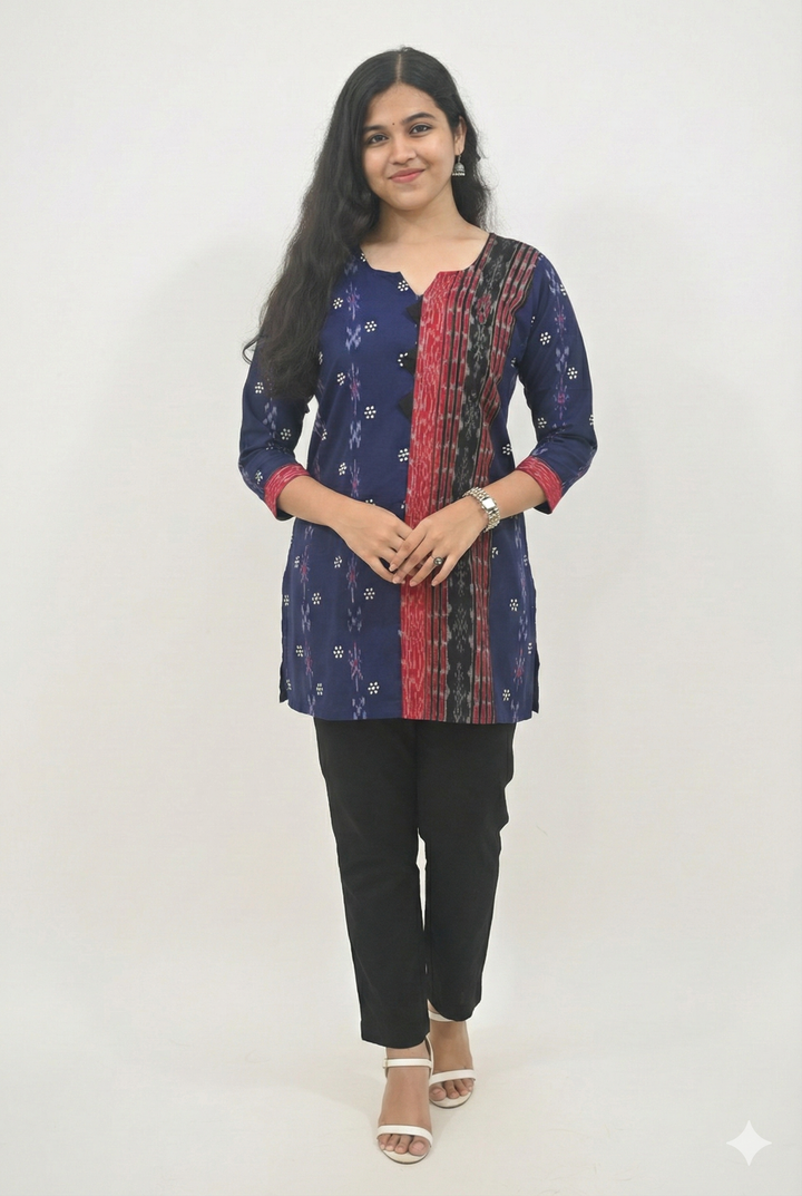 Wovio Modern Ikat Fusion Top V Neck – Blue Base with Mini Dot Motifs & Red–Black