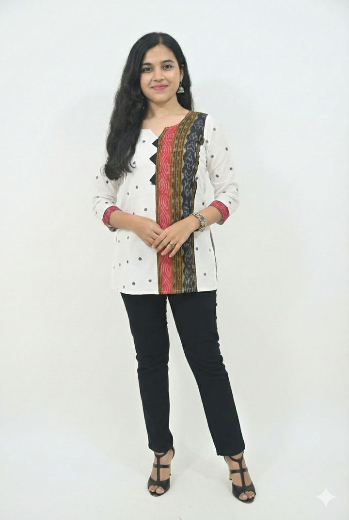 Wovio Modern Ikat Fusion Top V Neck – White Base with Mini Dot Motifs & Red–Black