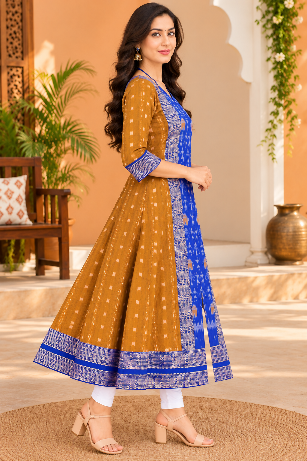 Women’s Mustard Yellow Sambalpuri Ikat Anarkali Kurti with Royal Blue Border