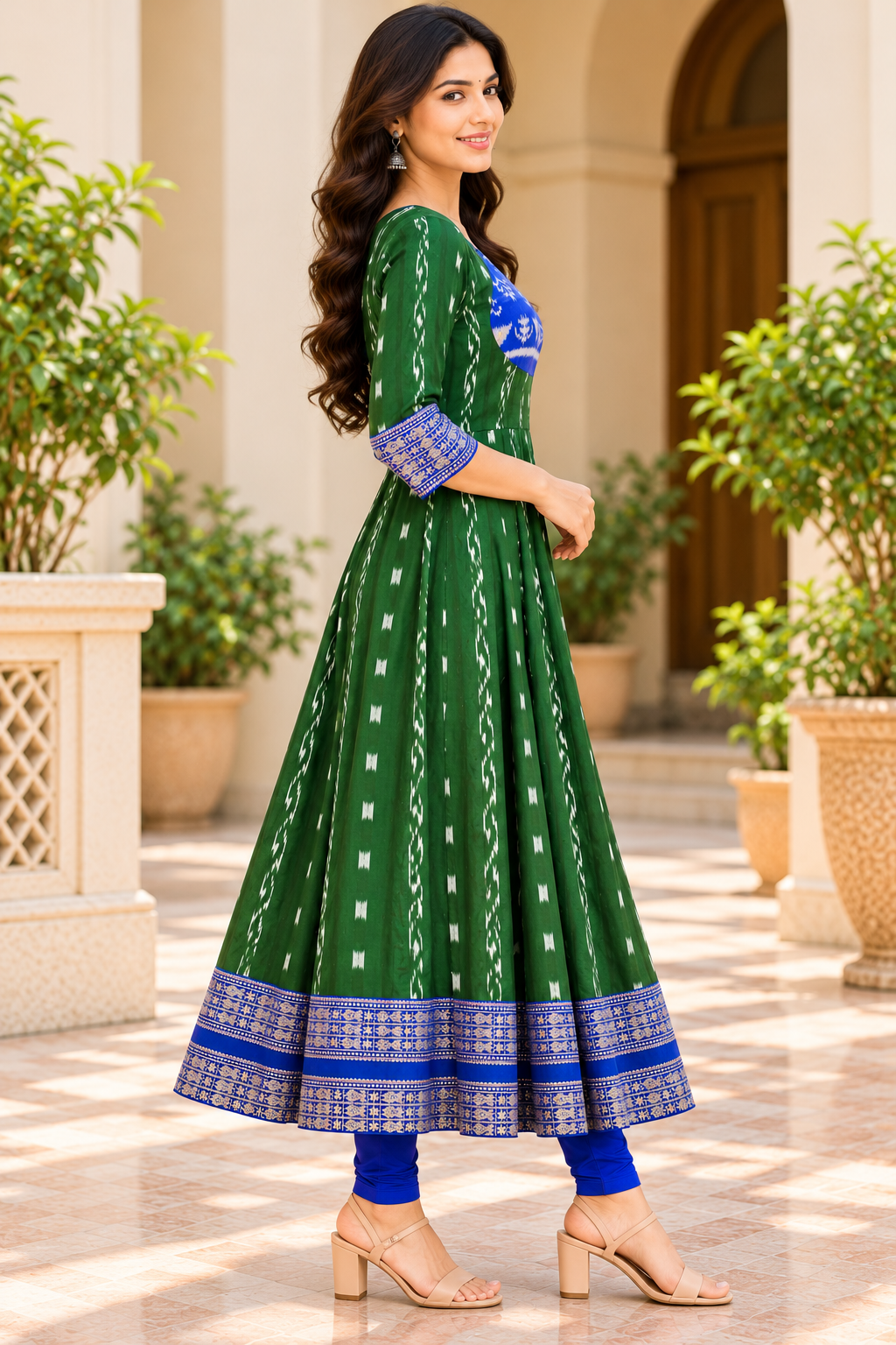 Women’s Emerald Green Sambalpuri-Inspired Ikat Anarkali Kurti with Royal Blue Border