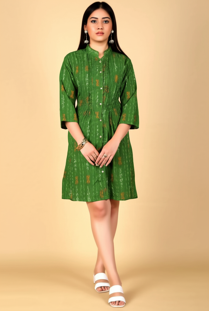 Sambalpuri Handloom Curly Design Cotton Tunic Top in Green