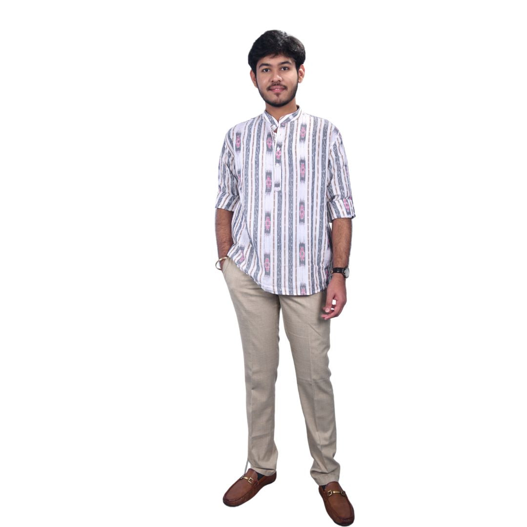 Sambalpuri Handloom Full-sleeve Cotton Kurta for Men in White & Grey