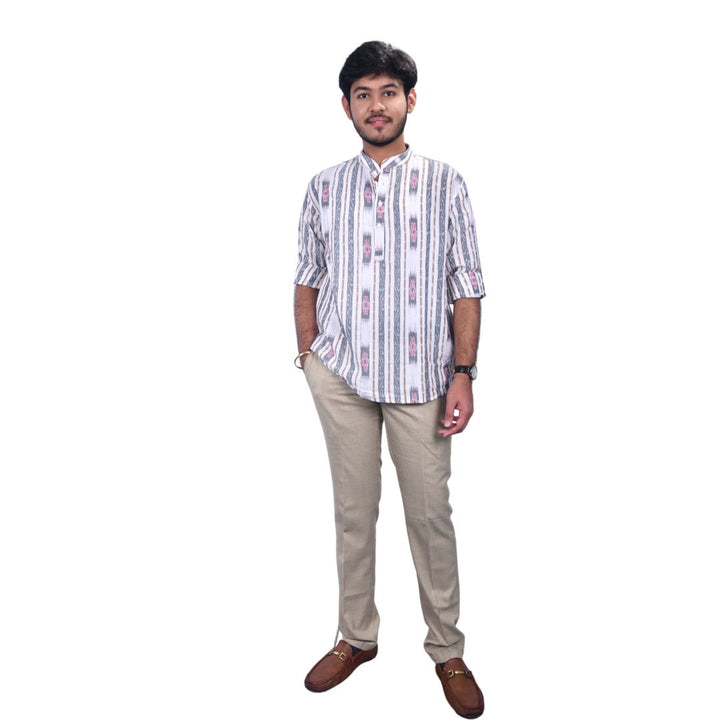 Sambalpuri Handloom Full-sleeve Cotton Kurta for Men in White & Grey
