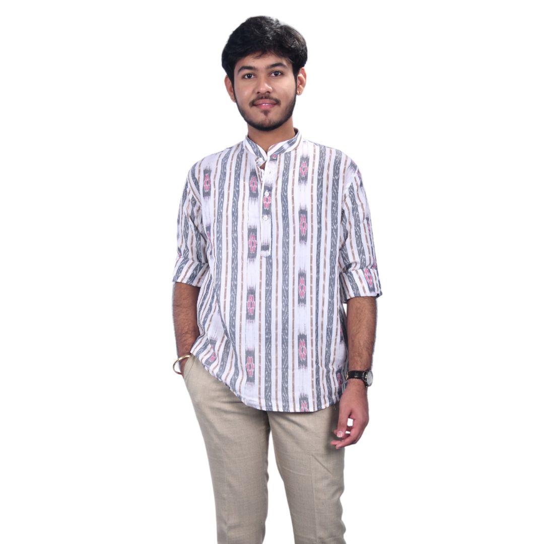 Sambalpuri Handloom Full-sleeve Cotton Kurta for Men in White & Grey