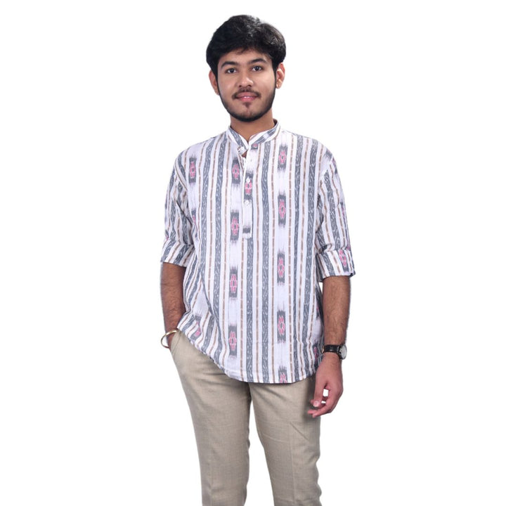 Sambalpuri Handloom Full-sleeve Cotton Kurta for Men in White & Grey