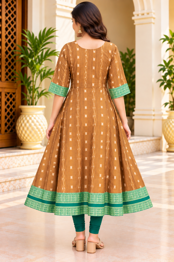 Women’s Brown and Emerald Green Sambalpuri Ikat-Inspired Anarkali Kurti with Traditional Green Border