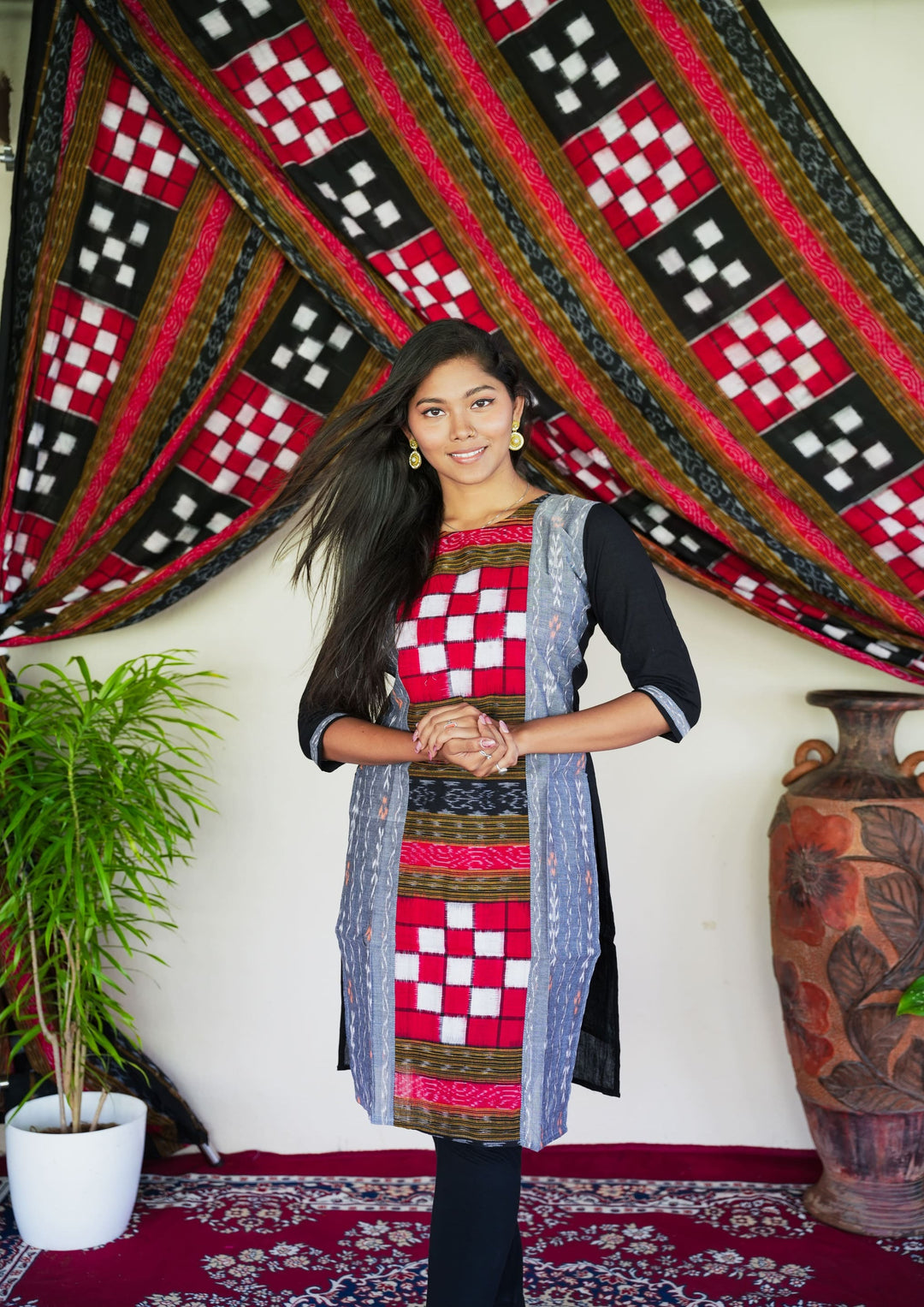 Sambalpuri Women's Kurti - Bichitrapuri Design Pure Cotton Kurta in Grey & Black