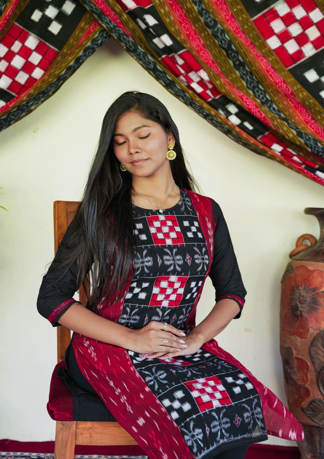 Sambalpuri Women's Kurti -   in Black and Maroon