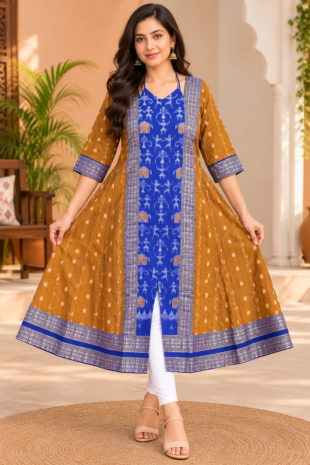 Women’s Mustard Yellow Sambalpuri Ikat Anarkali Kurti with Royal Blue Border