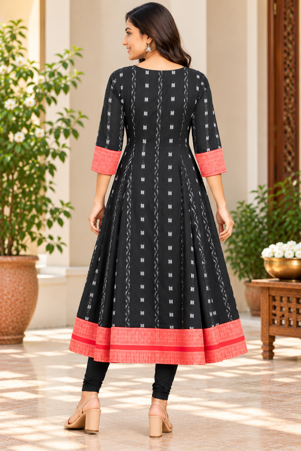Women’s Black and Red Sambalpuri Ikat Anarkali Kurti with Traditional Red Border
