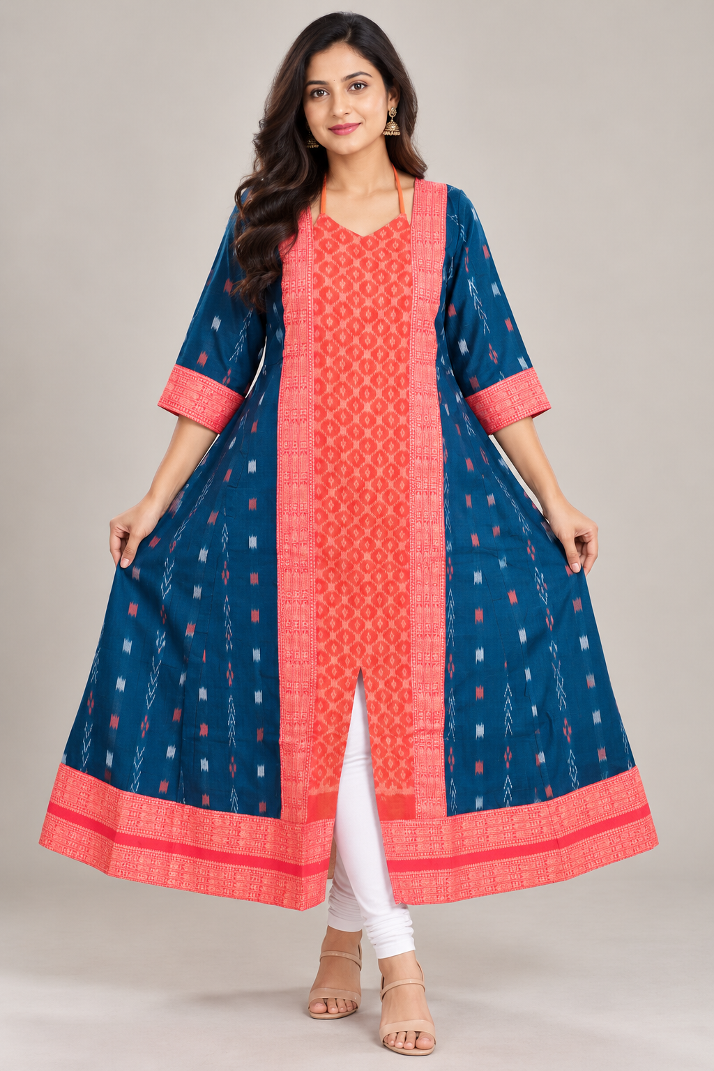 Women’s Teal Blue Sambalpuri Ikat Flared Kurti with Coral Pink Border