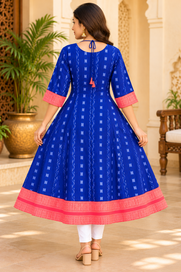 Women’s Royal Blue Sambalpuri Ikat Anarkali Kurti with Coral Pink Border