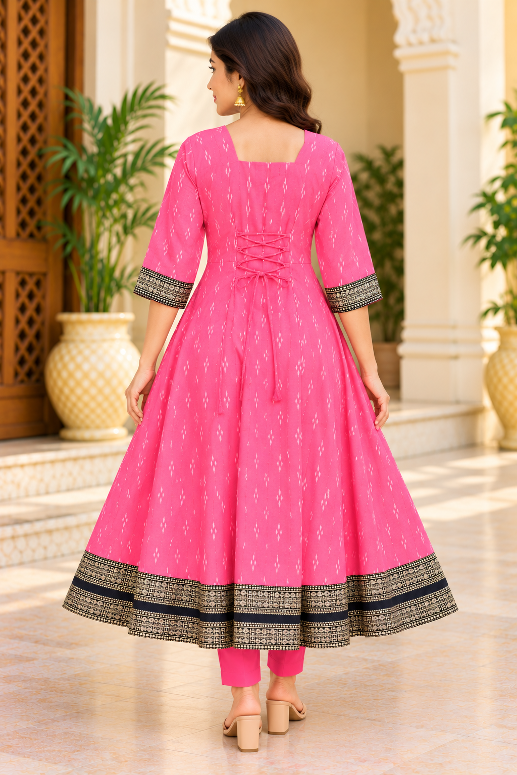 Women’s Pink Sambalpuri Ikat Anarkali Kurti with Black and Gold Traditional Border