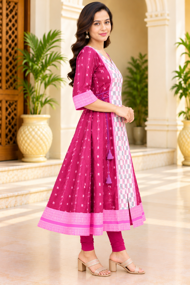 Women’s Magenta Sambalpuri Ikat-Inspired Anarkali Kurti with Pink Checked Panel
