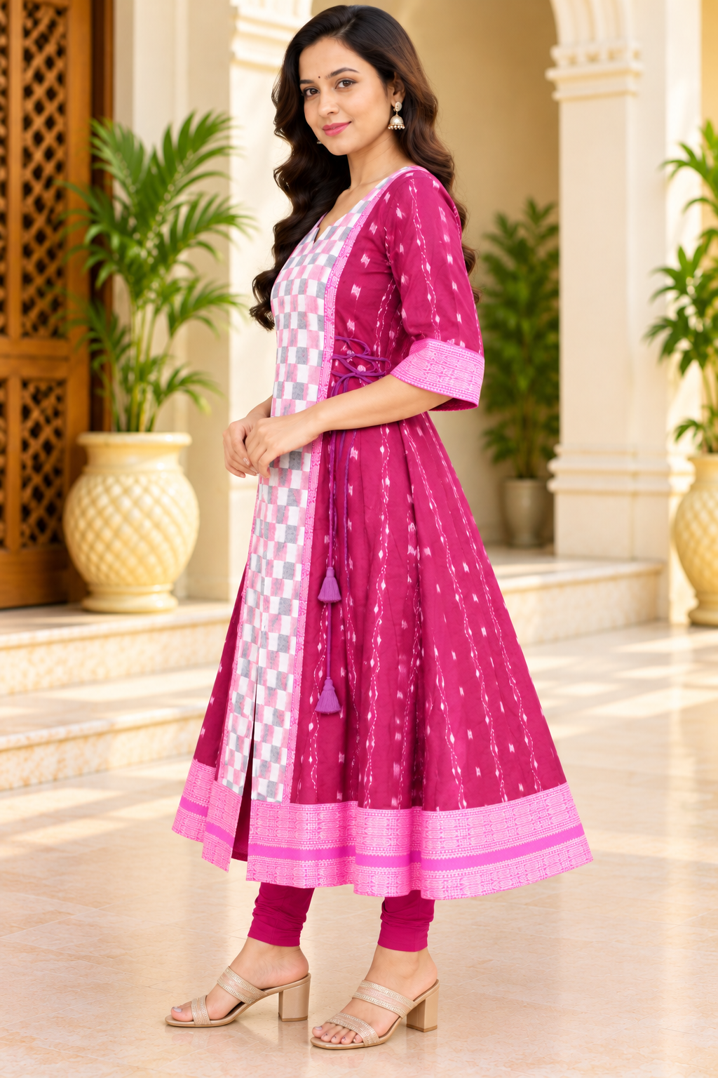 Women’s Magenta Sambalpuri Ikat-Inspired Anarkali Kurti with Pink Checked Panel
