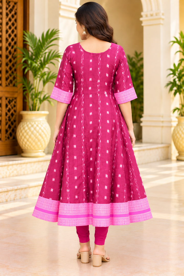 Women’s Magenta Sambalpuri Ikat-Inspired Anarkali Kurti with Pink Checked Panel