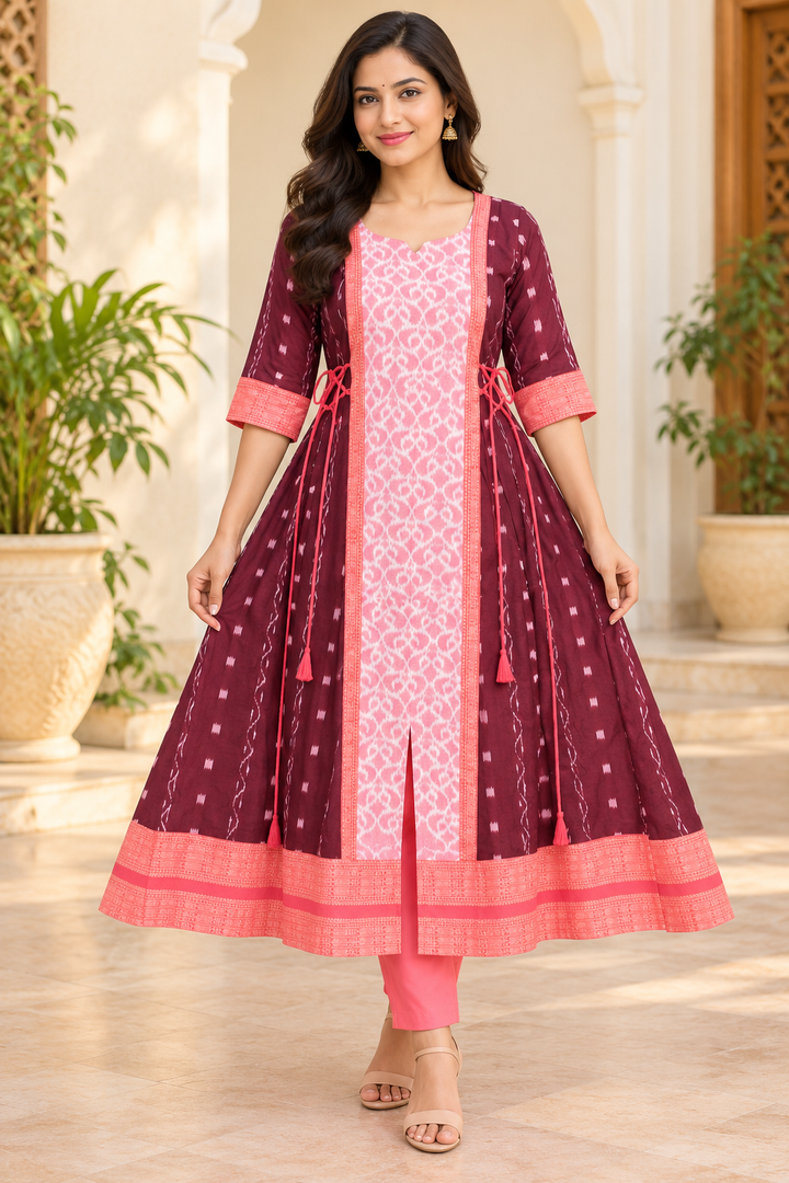 Women’s Maroon Sambalpuri Ikat Anarkali Kurti with Pink Centre Panel