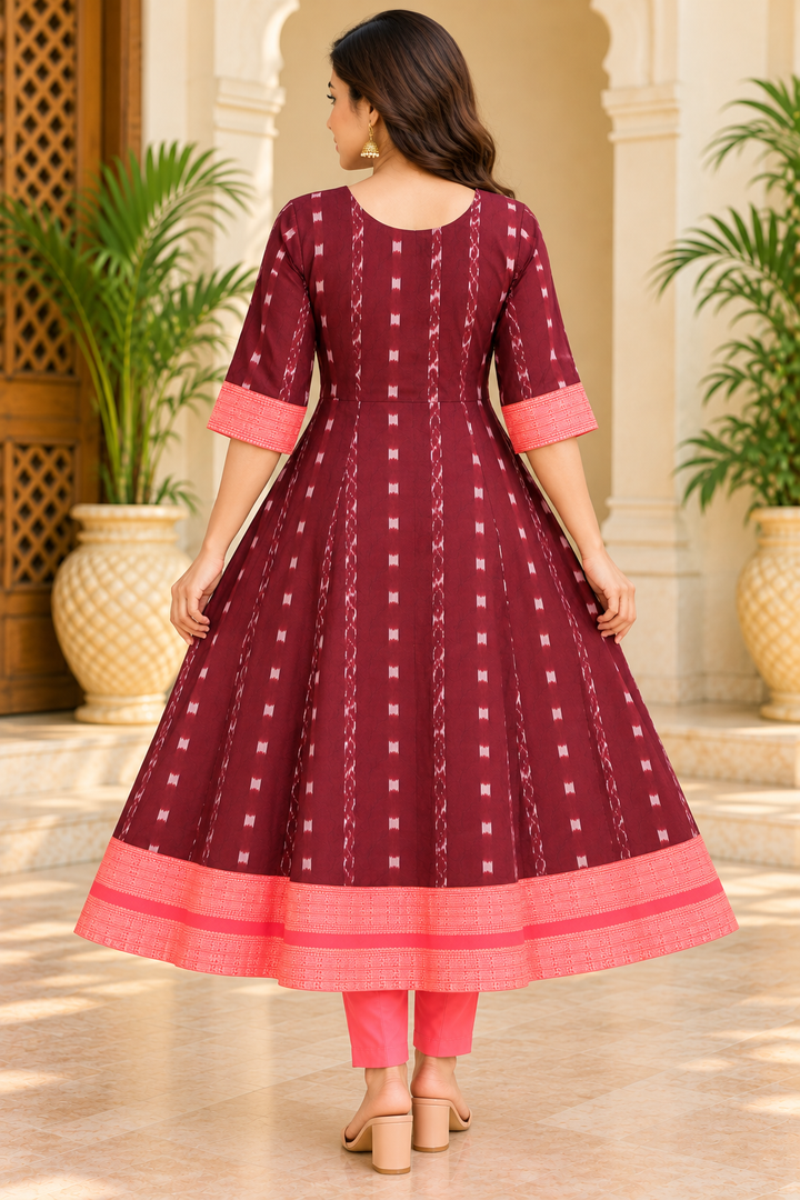 Women’s Maroon Sambalpuri Ikat Anarkali Kurti with Pink Centre Panel