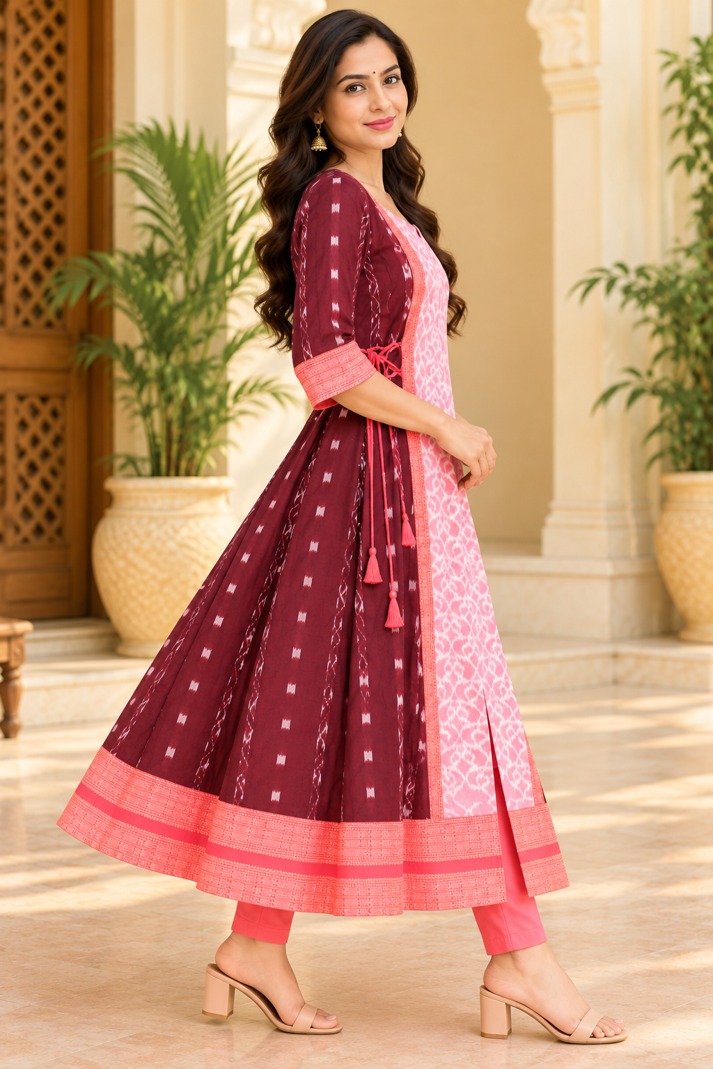 Women’s Maroon Sambalpuri Ikat Anarkali Kurti with Pink Centre Panel