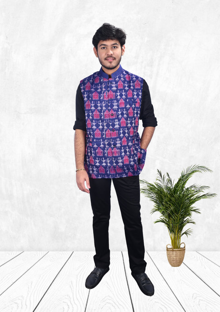 Sambalpuri Pure Cotton Men's Half Jacket in Blue