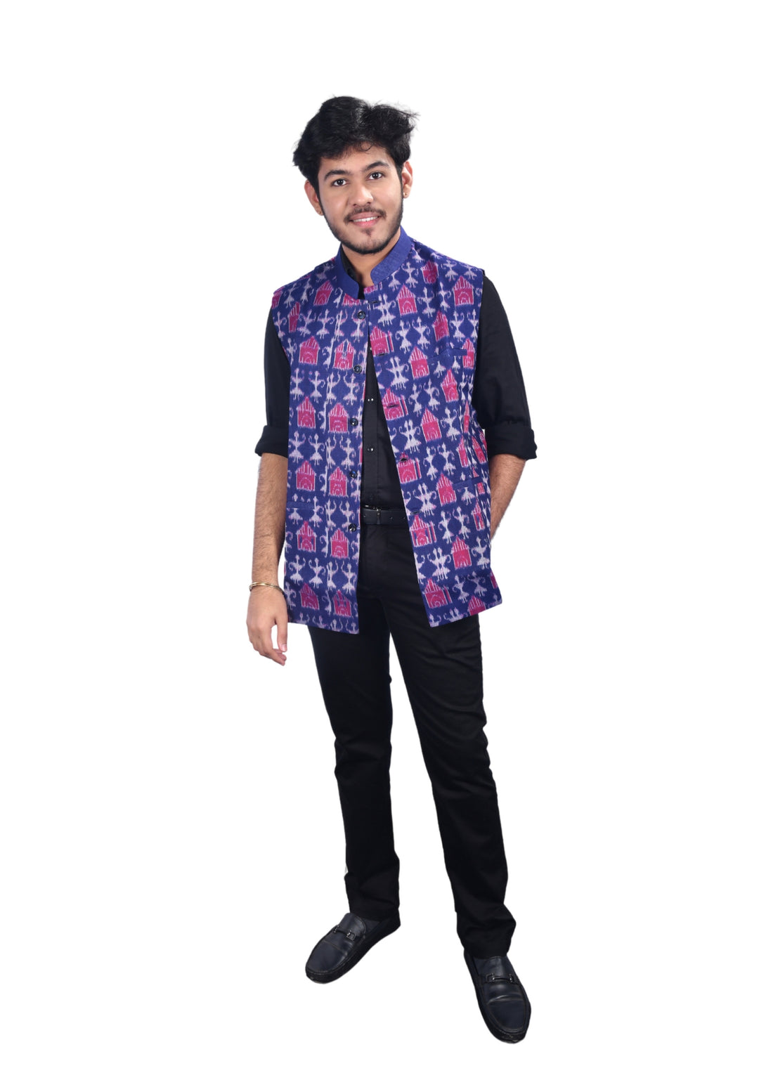 Sambalpuri Pure Cotton Men's Half Jacket in Blue