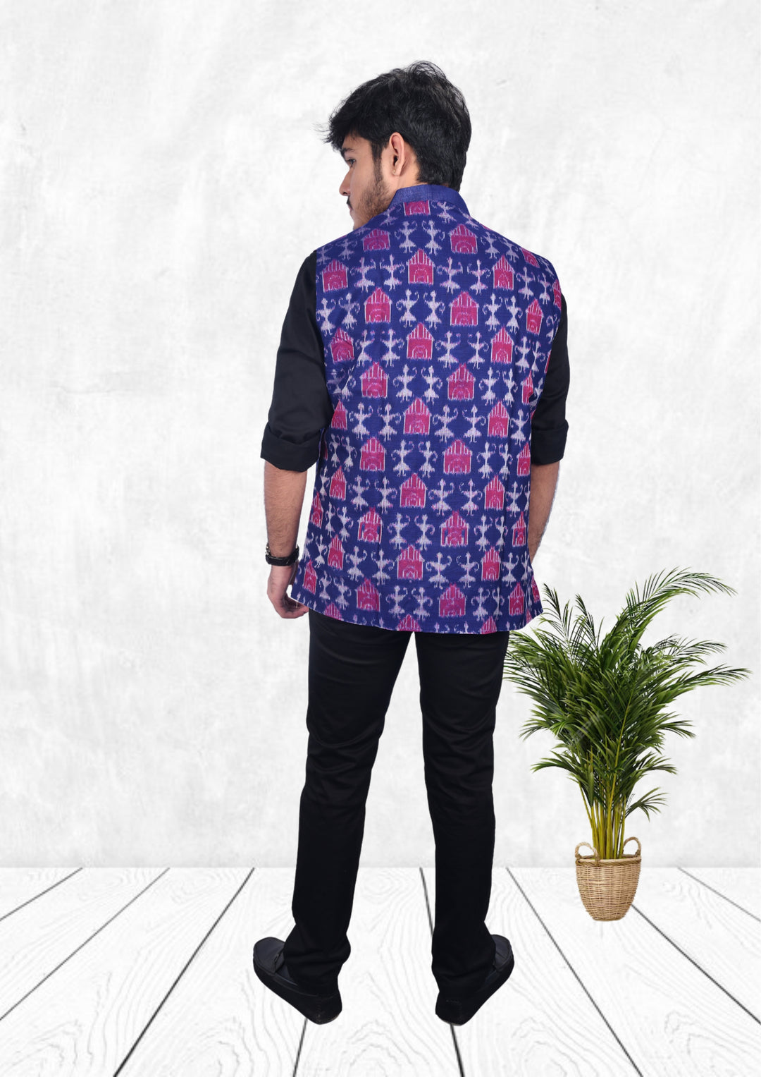 Sambalpuri Pure Cotton Men's Half Jacket in Blue