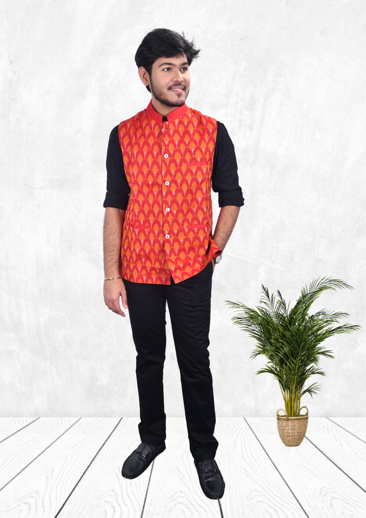 Hand-woven Sambalpuri Pure Cotton Men's Half Jacket in Red
