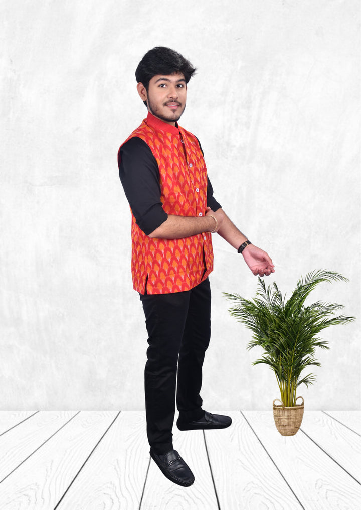 Hand-woven Sambalpuri Pure Cotton Men's Half Jacket in Red