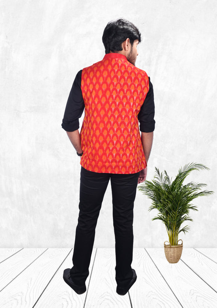 Hand-woven Sambalpuri Pure Cotton Men's Half Jacket in Red