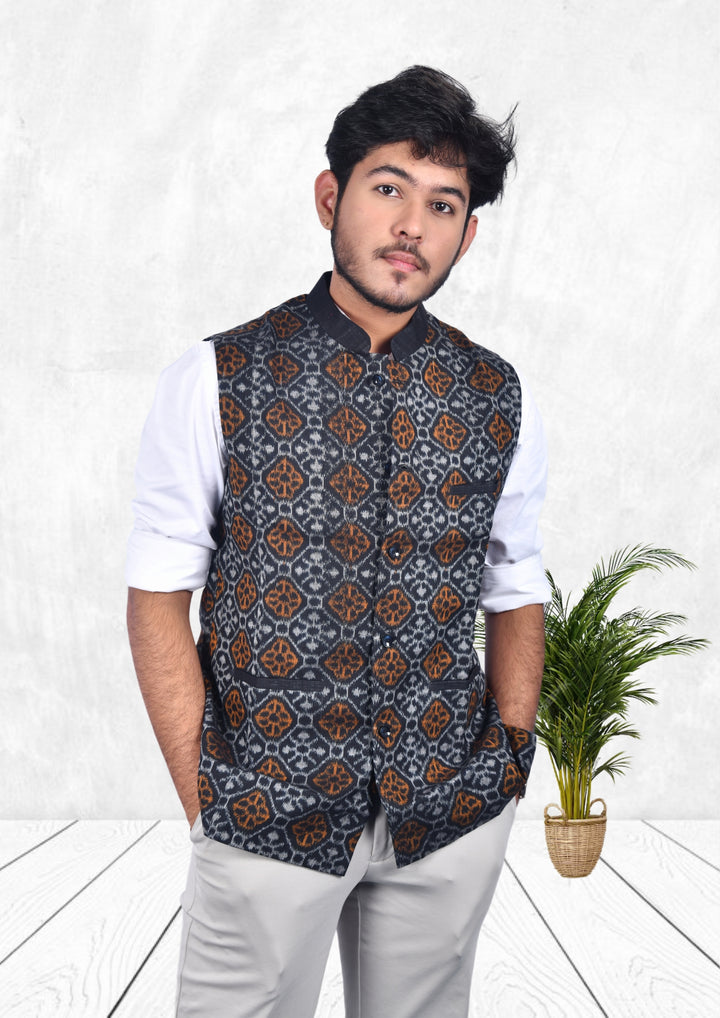 Hand-woven Sambalpuri Pure Cotton Men's Half Jacket in Black & Grey