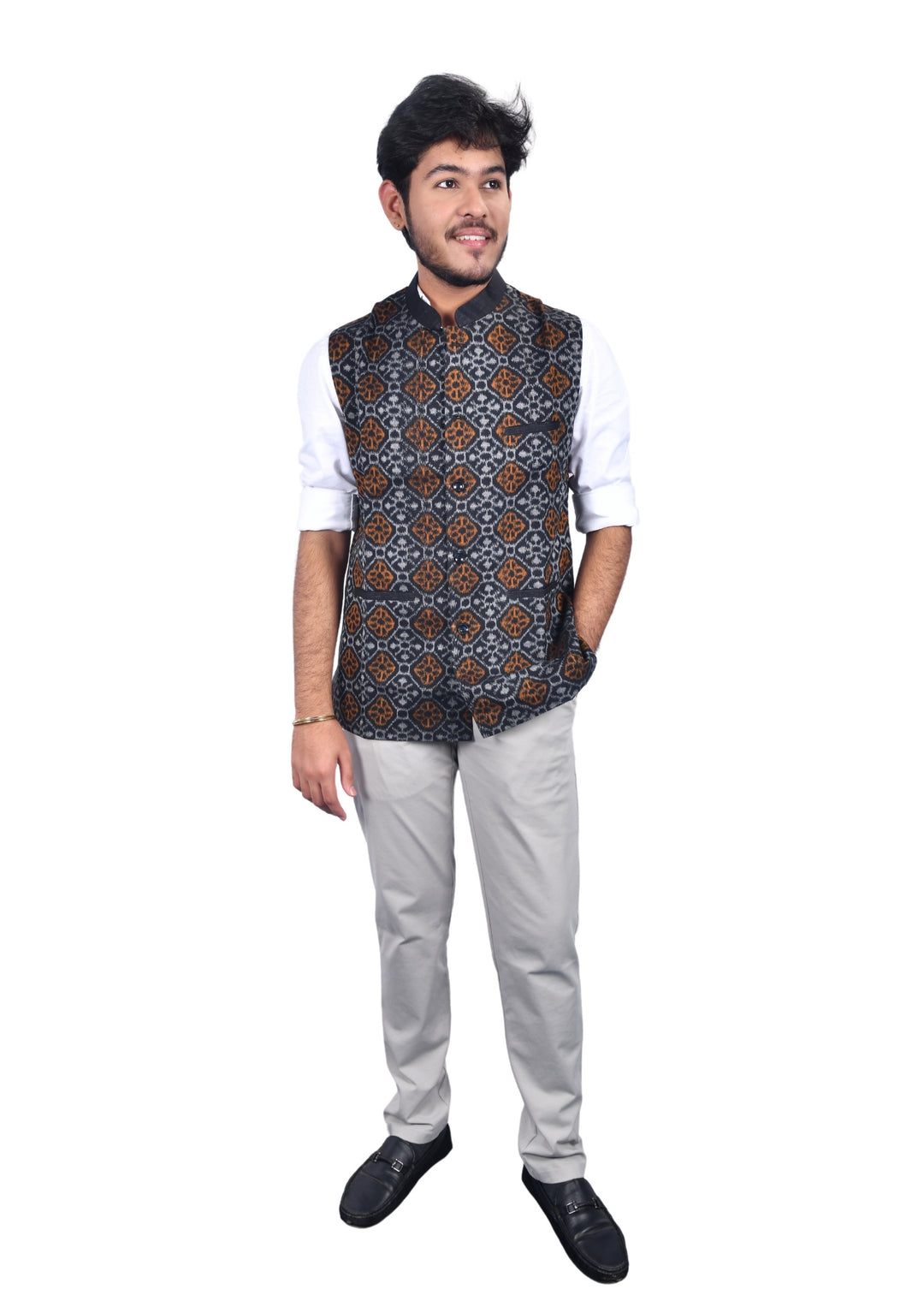Hand-woven Sambalpuri Pure Cotton Men's Half Jacket in Black & Grey
