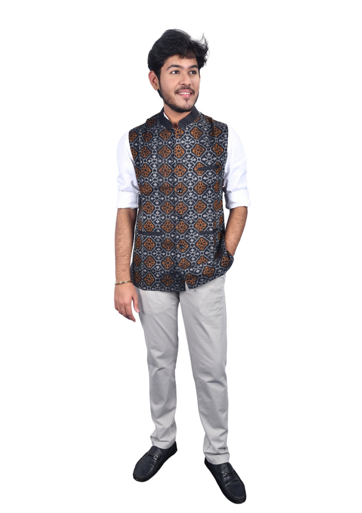 Hand-woven Sambalpuri Pure Cotton Men's Half Jacket in Black & Grey