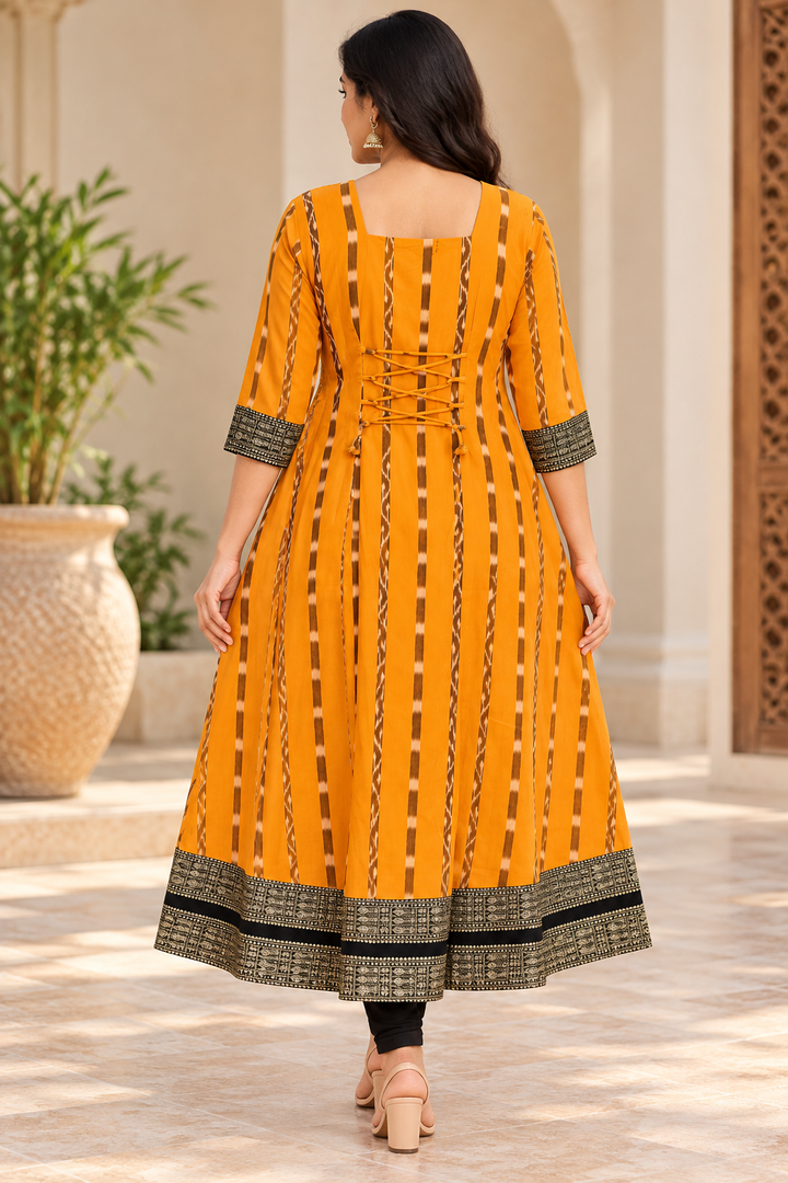 Women’s Mustard Yellow &amp; Maroon Sambalpuri-Inspired Designer Anarkali Kurti