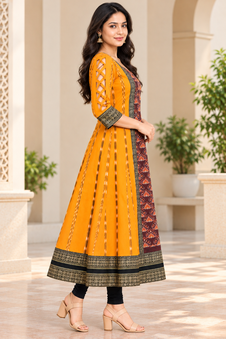 Women’s Mustard Yellow &amp; Maroon Sambalpuri-Inspired Designer Anarkali Kurti