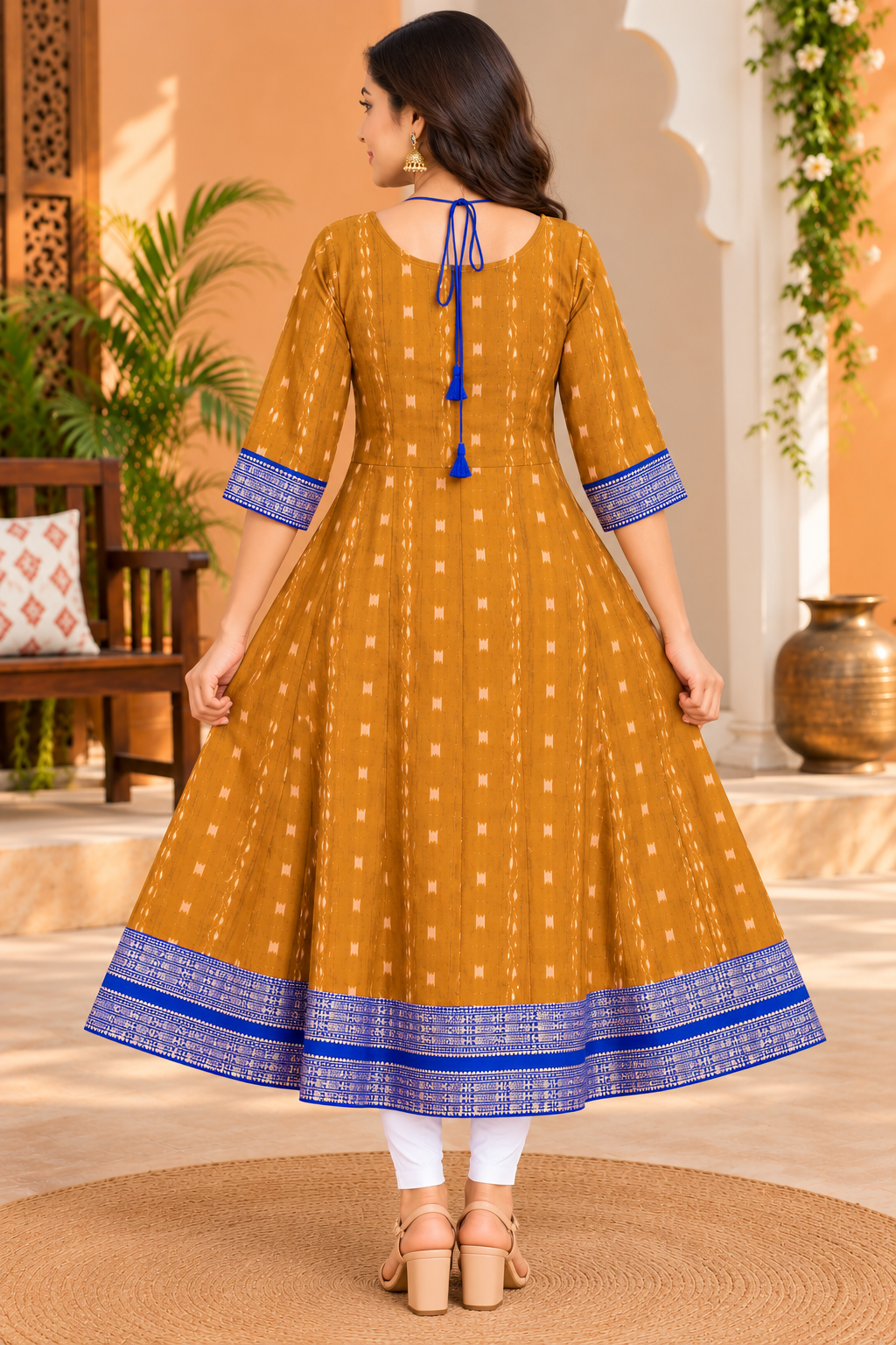 Women’s Mustard Yellow Sambalpuri Ikat Anarkali Kurti with Royal Blue Border
