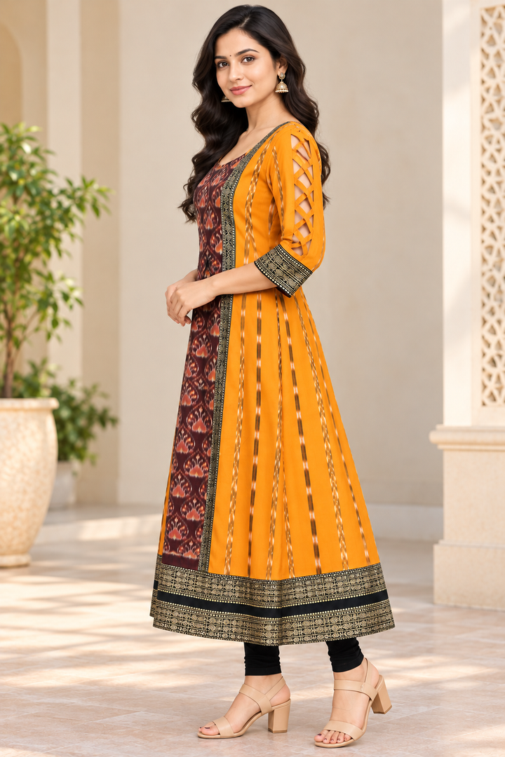 Women’s Mustard Yellow &amp; Maroon Sambalpuri-Inspired Designer Anarkali Kurti