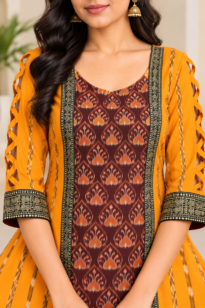 Women’s Mustard Yellow &amp; Maroon Sambalpuri-Inspired Designer Anarkali Kurti